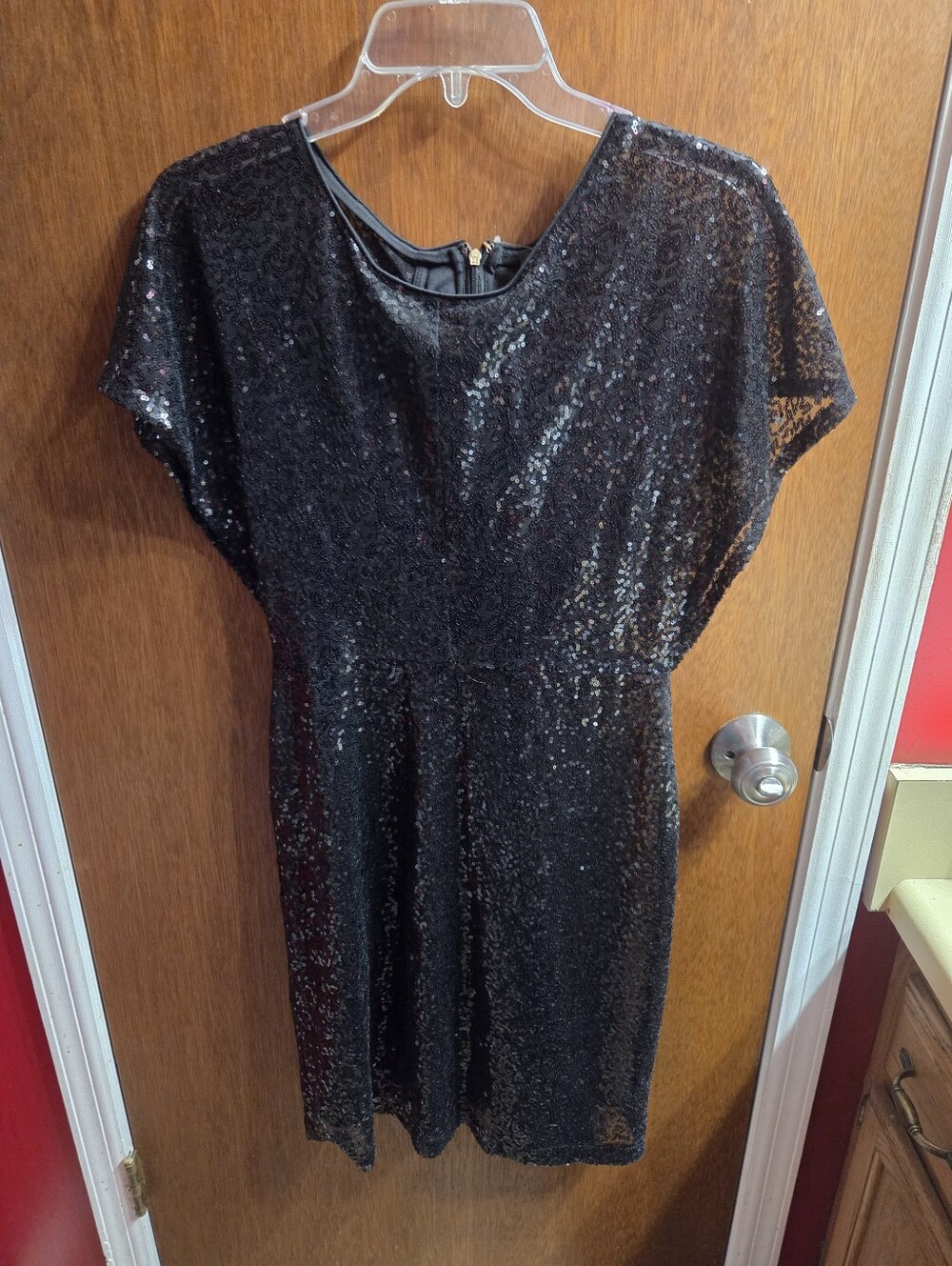 DKNY Black Sequin Short Sleeve Fit & Flare Dress Size Small